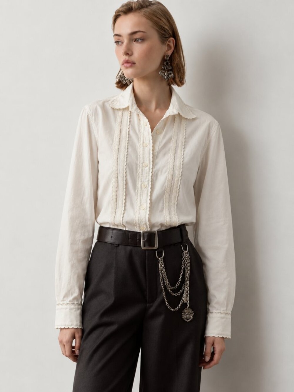 Lauren Ralph Lauren White Poplin Shirt 100% Cotton Scalloped Trim